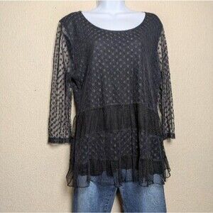 Black Sheer Polka Dot Tunic Blouse Layered Ruffle Hem Size Medium Dark Feminine